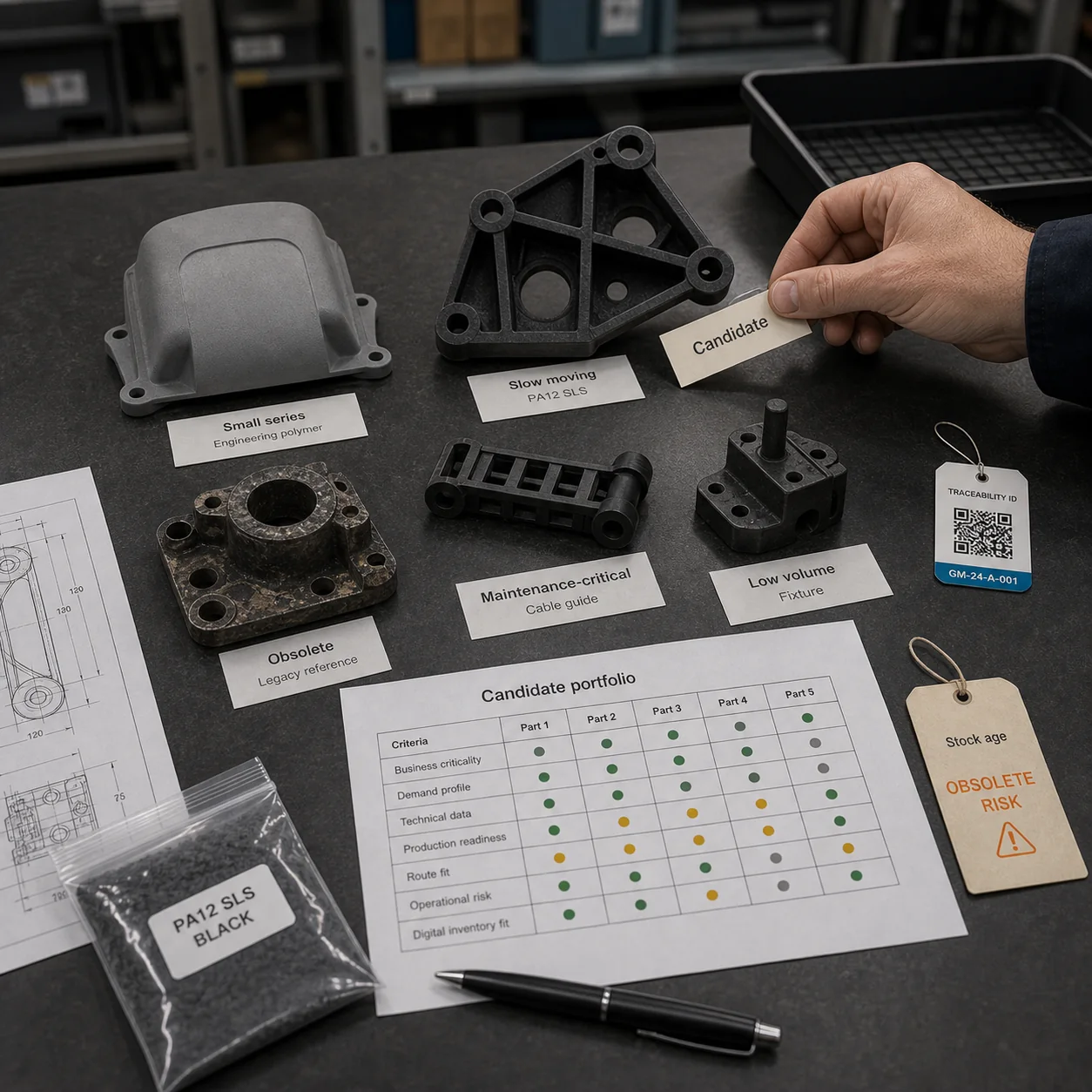 Candidate part portfolio for a digital inventory assessment with slow-moving, obsolete, maintenance-critical and low-volume industrial parts.