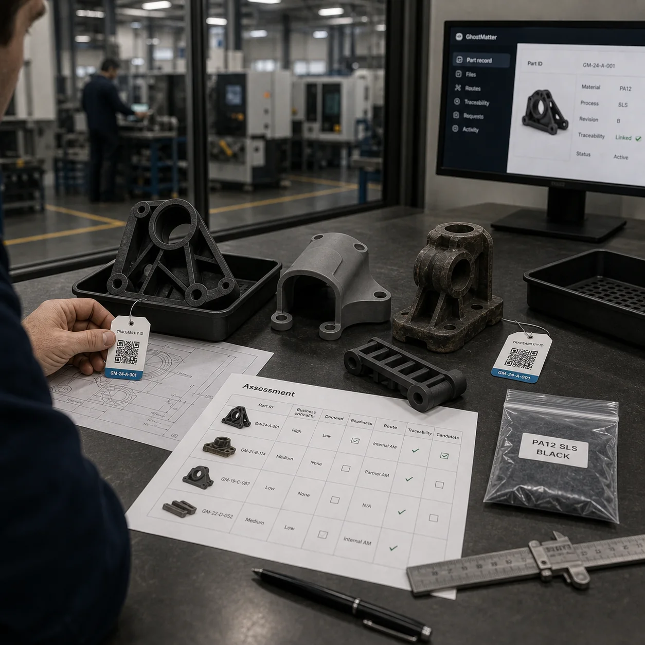 GhostMatter digital inventory assessment workshop showing selected industrial parts, traceability tags, technical drawing, assessment sheet and part record screen.