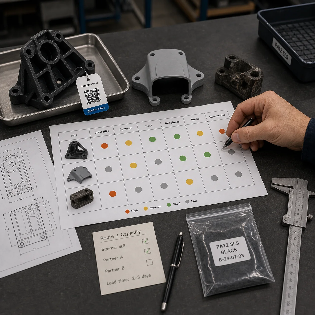 Digital inventory assessment matrix comparing industrial parts across criticality, demand, technical data, readiness, production route fit and governance.