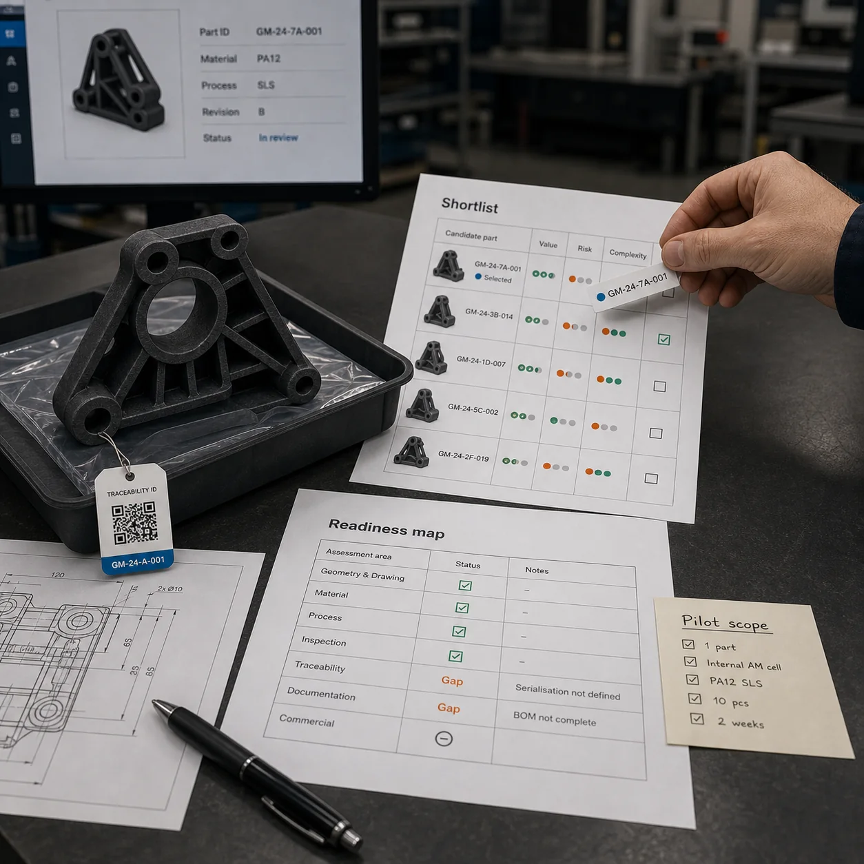 Digital inventory assessment output with candidate shortlist, readiness map, pilot scope, selected PA12 part and traceability tag.
