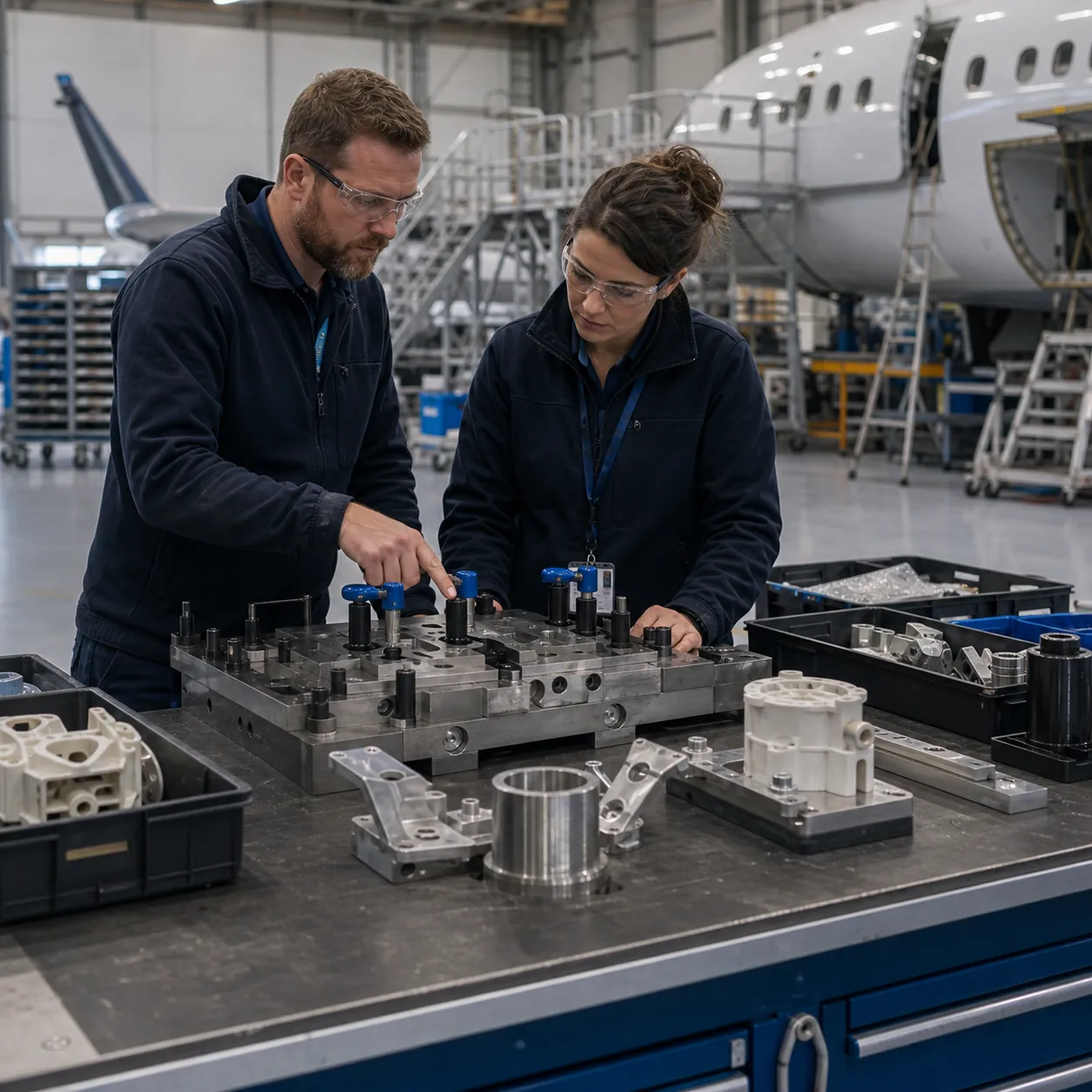 Aerospace team reviewing governed digital inventory, secure files, readiness status, and controlled production routes.