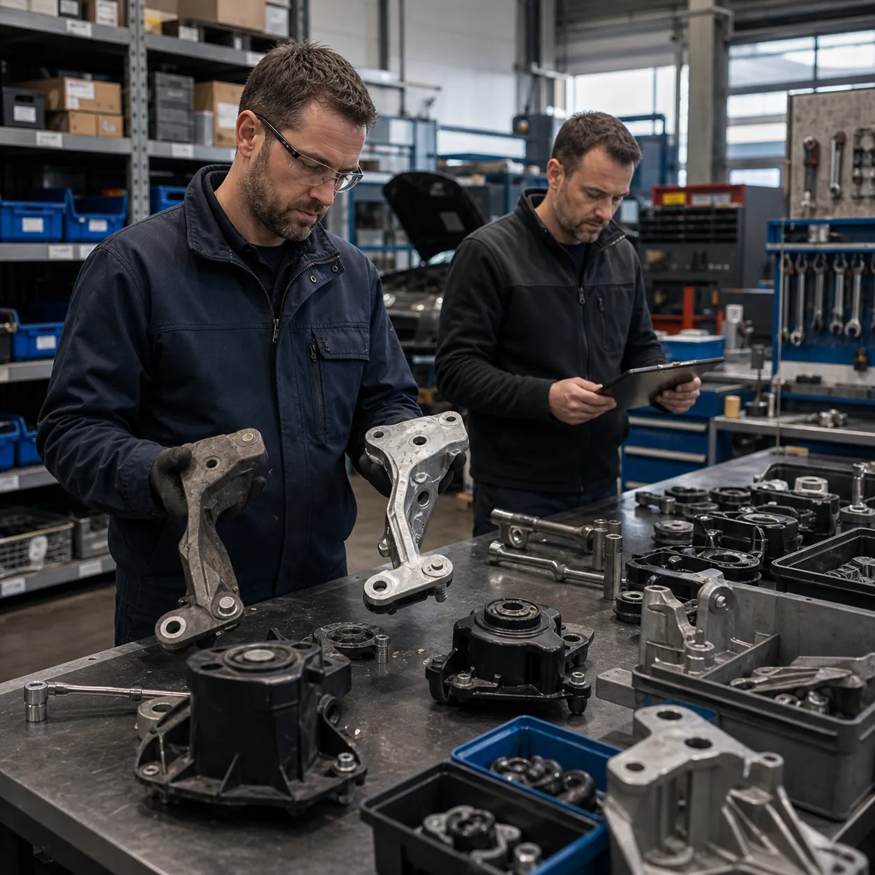 Automotive support team reviewing older service parts and revision samples