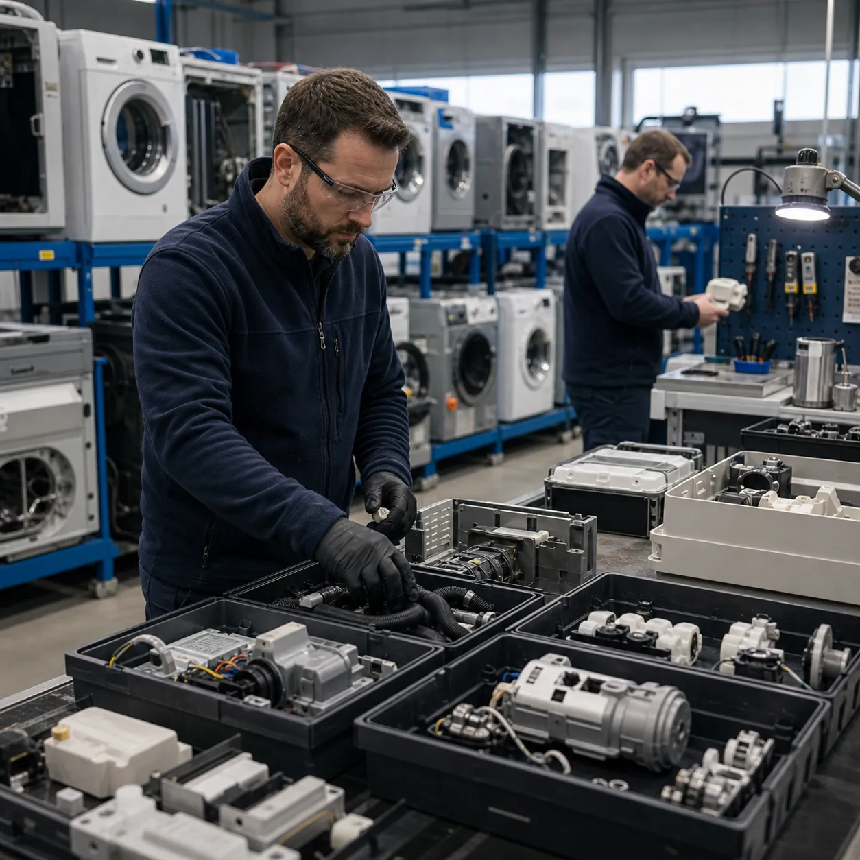 Technician preparing older-range replacement parts for controlled fulfillment