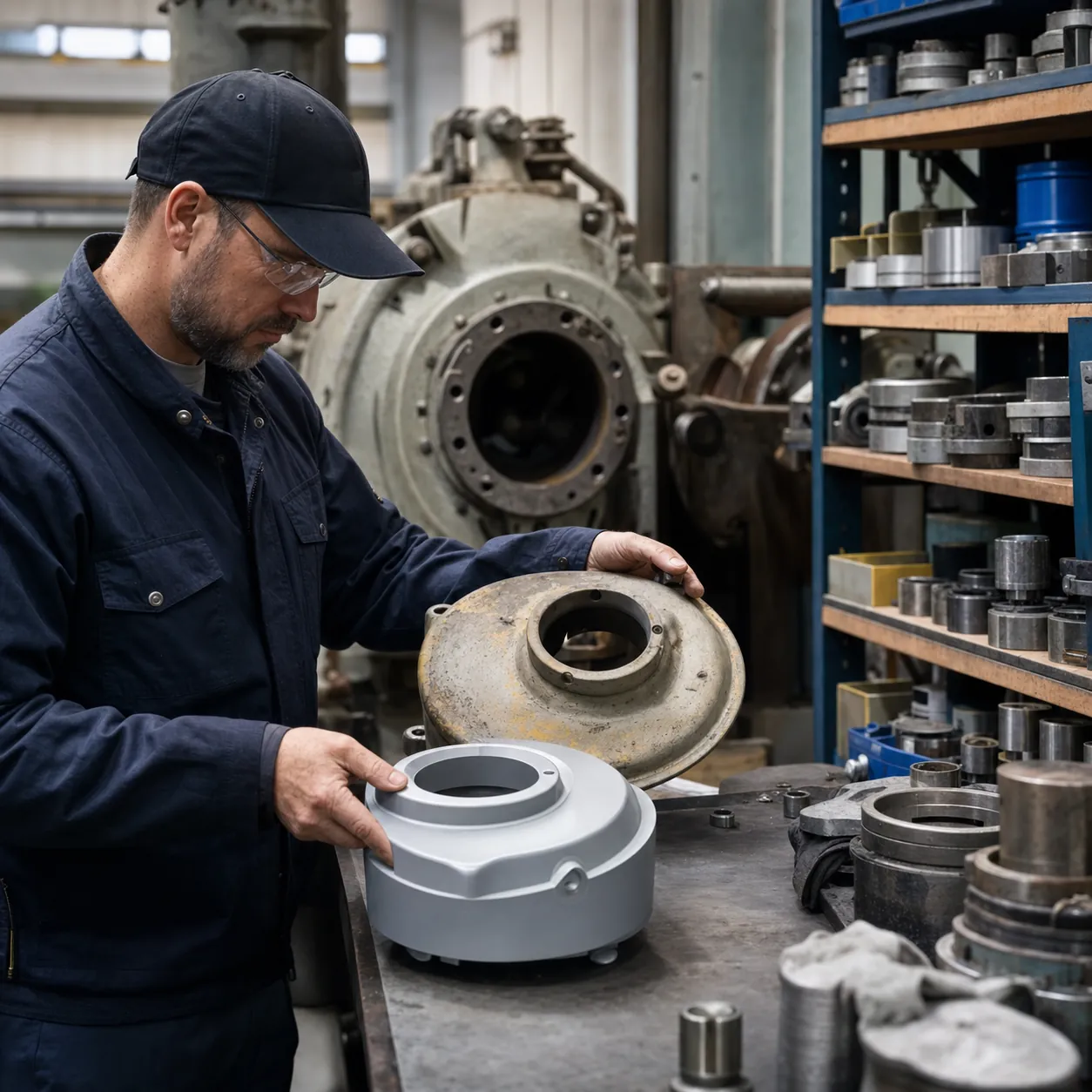 Technicien maintenance comparant pièces équipements industriels, inventaire numérique et routes production contrôlées.