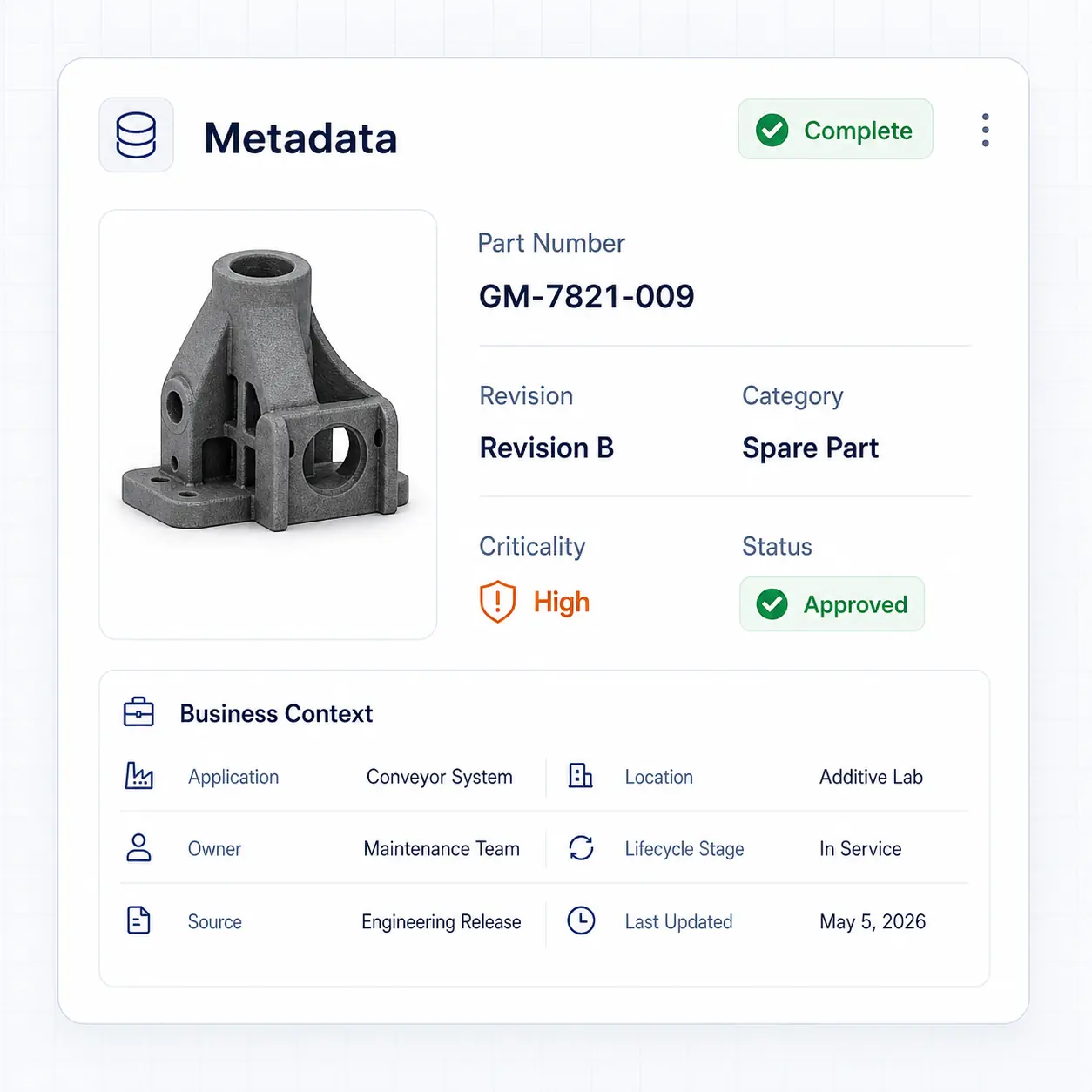GhostMatter metadata interface showing part number, revision, category, criticality, and approval status for an industrial spare part