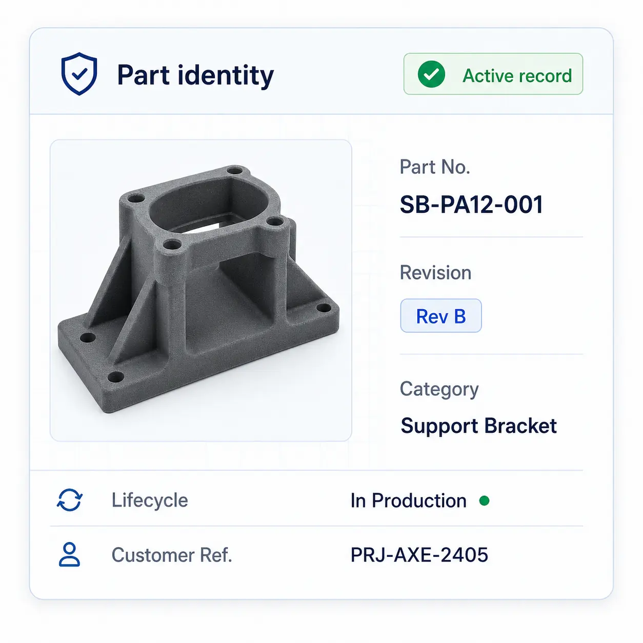 GhostMatter interface showing part number, revision, category, customer reference, and lifecycle status for a controlled industrial part record.