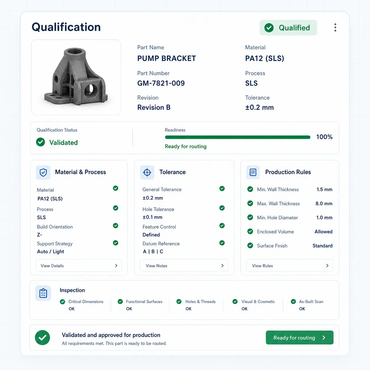 GhostMatter qualification interface showing material choice, tolerance notes, validation status, and production rules for an industrial part