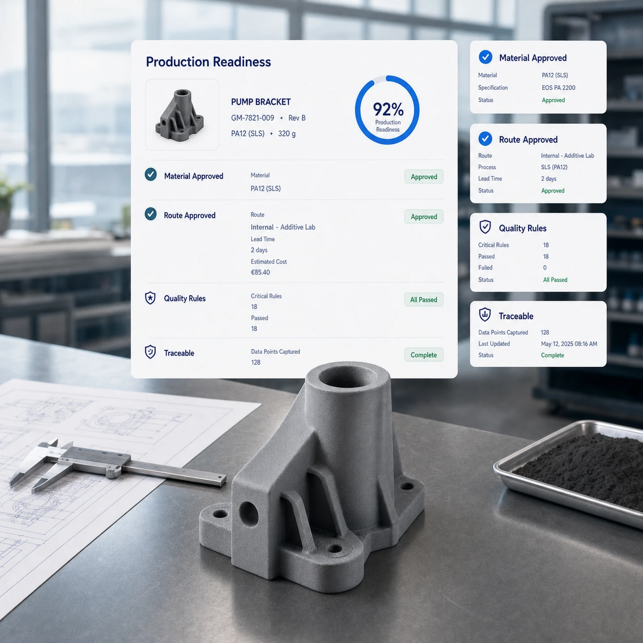 Workflow de readiness fabrication additive reliant fichiers pièce, règles matière, routes approuvées et preuves qualité.