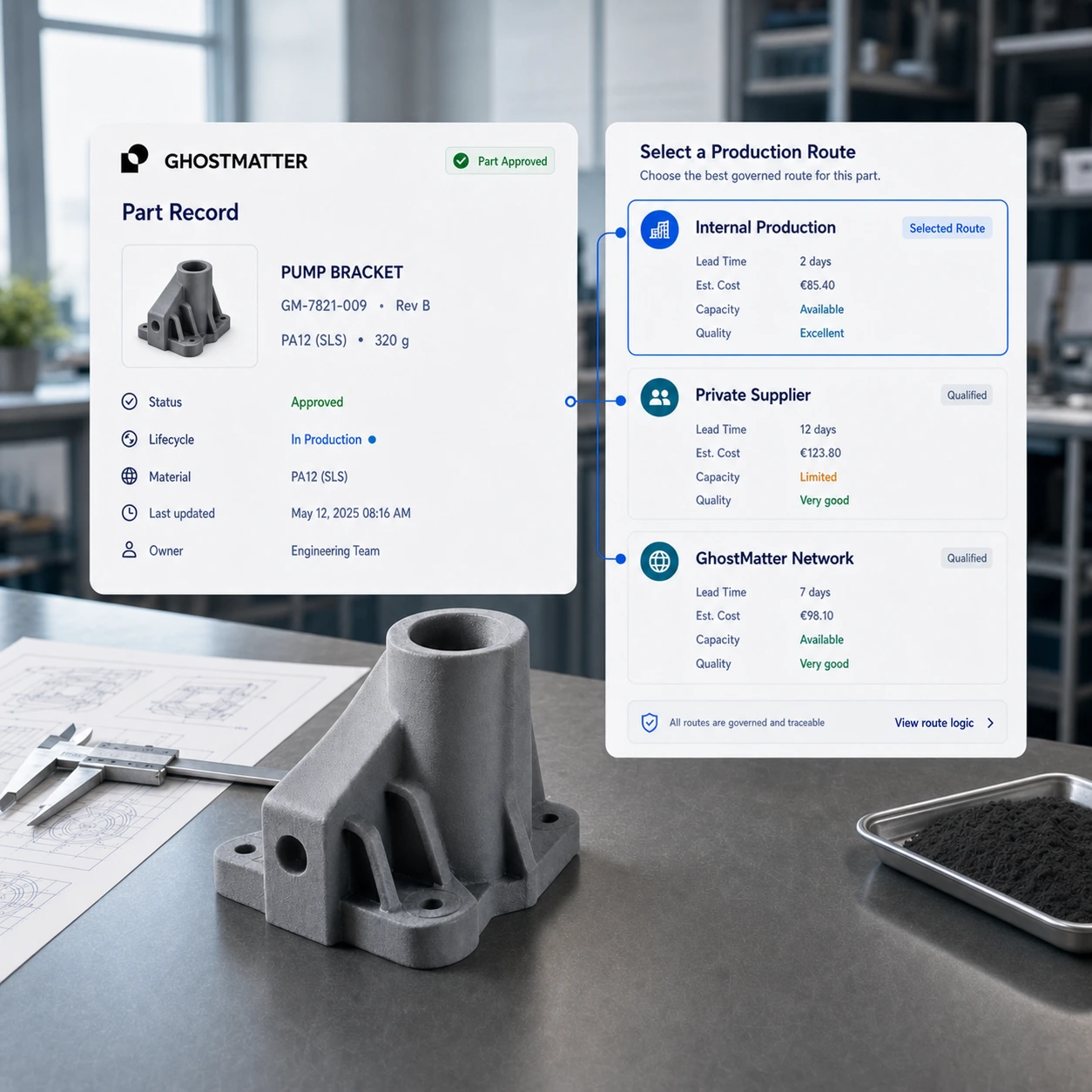 Cloud manufacturing workflow connecting a governed industrial part record to approved production routes, permissions, and traceability.