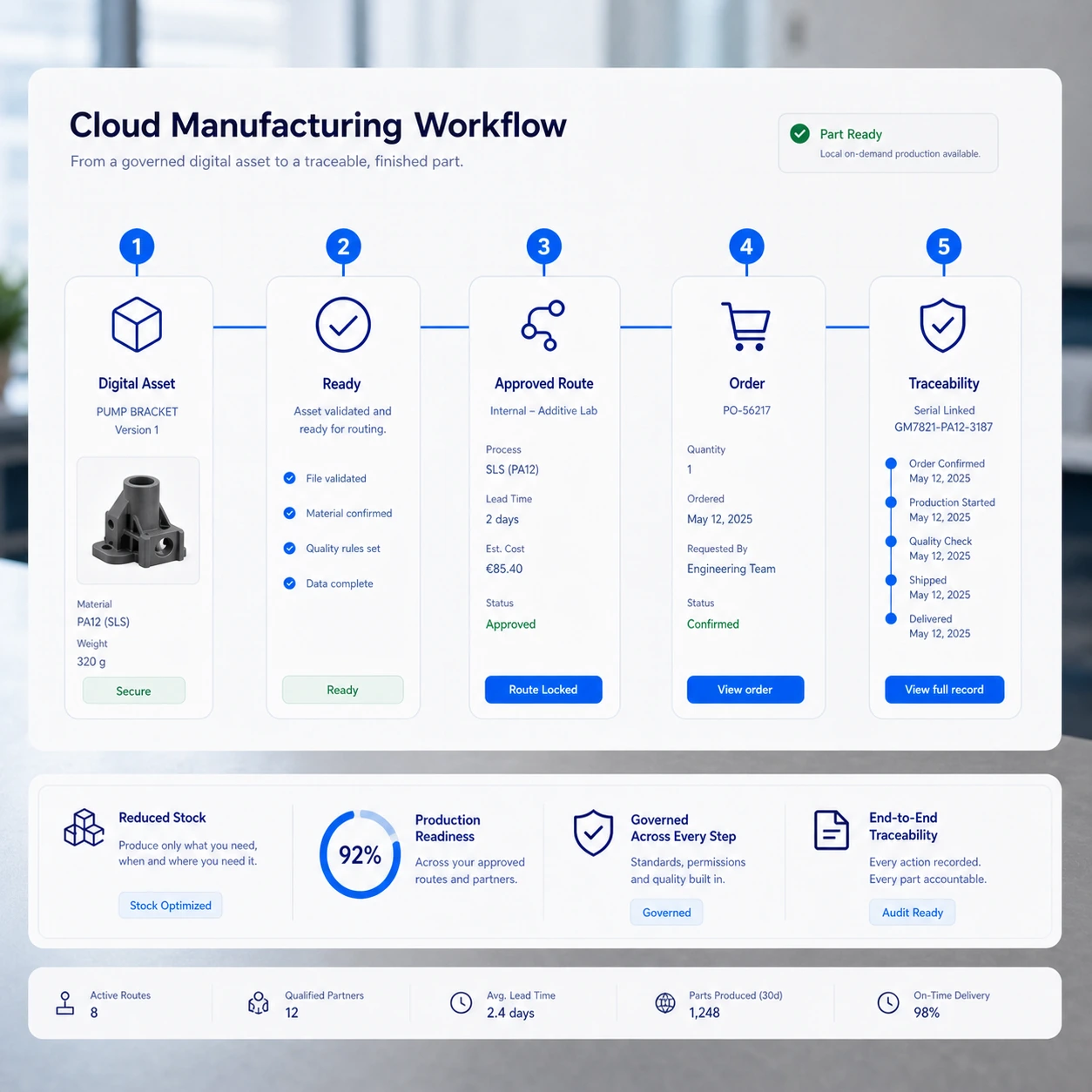 Cloud manufacturing workflow from digital asset to approved route, order and traceability.