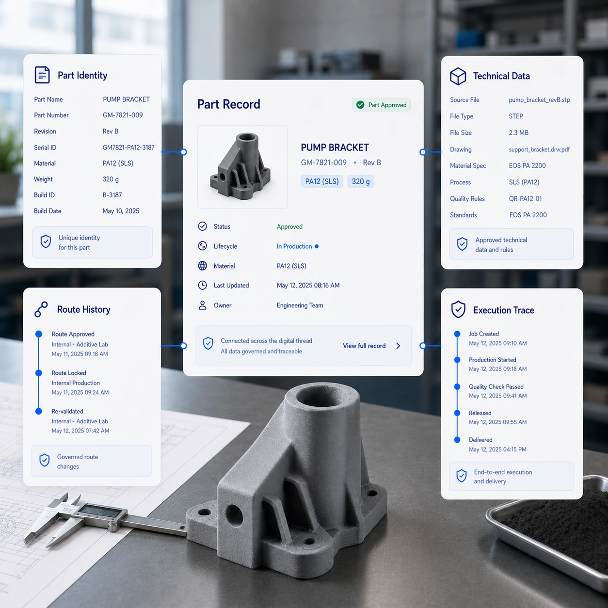 Connected asset workflow linking part identity, technical data, route history and execution trace.