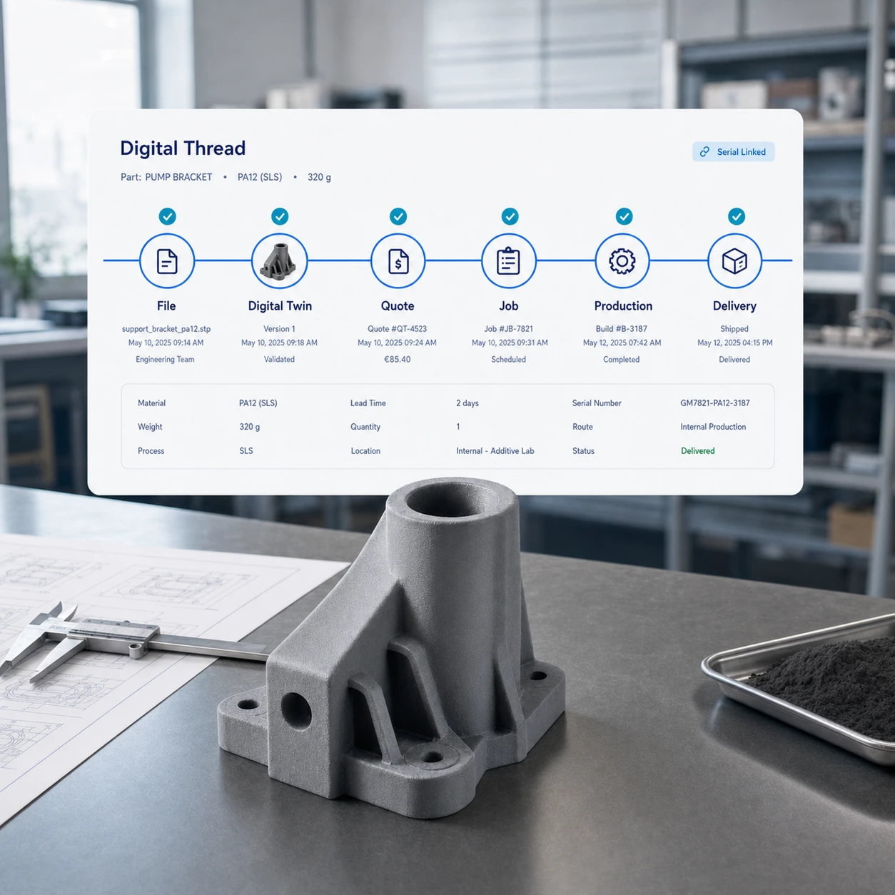 Digital thread showing industrial part files, revisions, readiness, production routing, quality evidence, and traceability connected in GhostMatter.