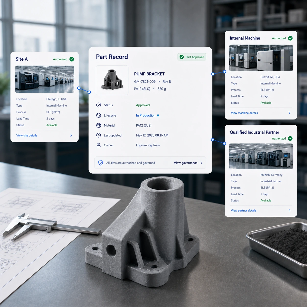 Distributed manufacturing network connecting governed part records to qualified production capacity and traceable execution.