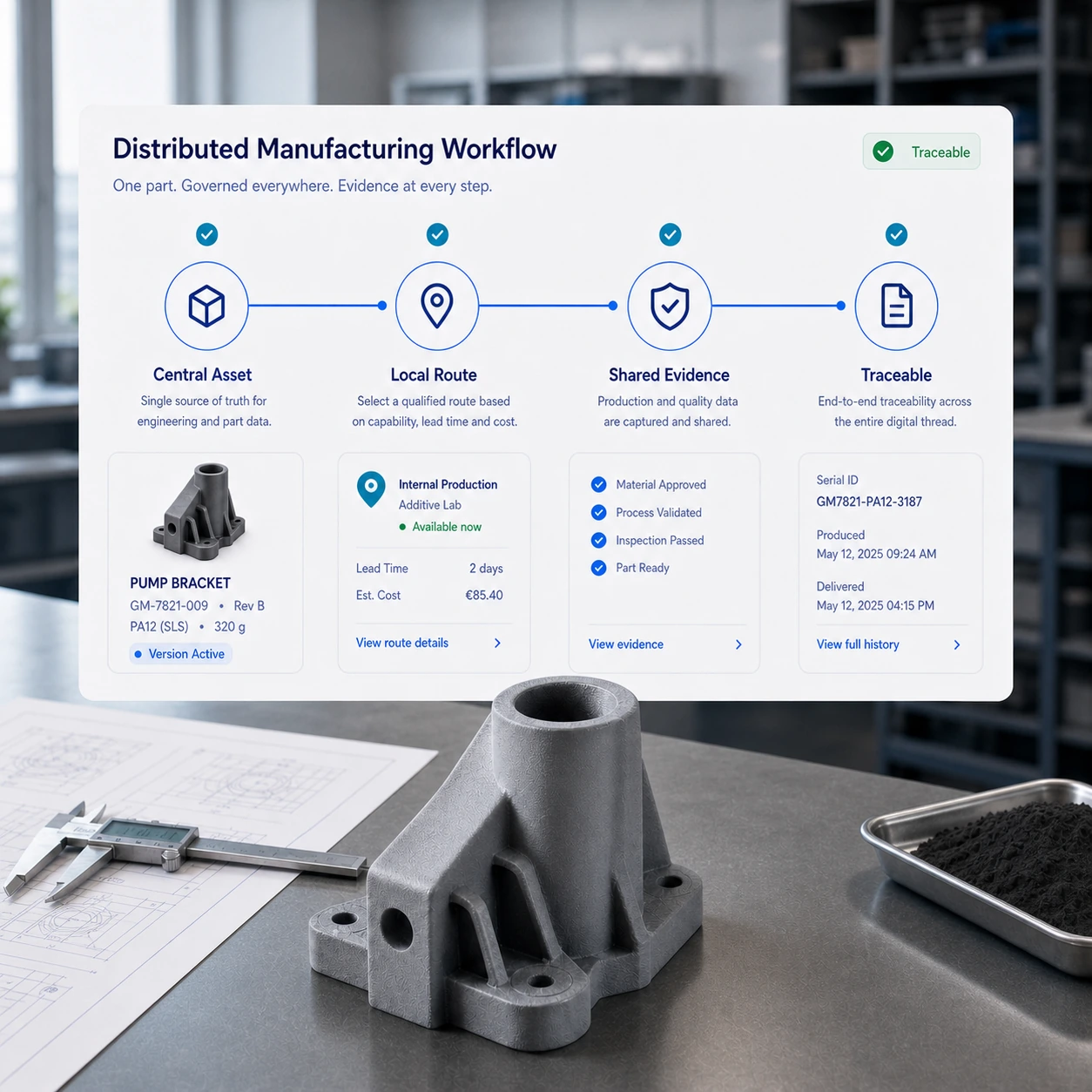 Distributed manufacturing workflow linking a central asset, local route, shared evidence and traceability.