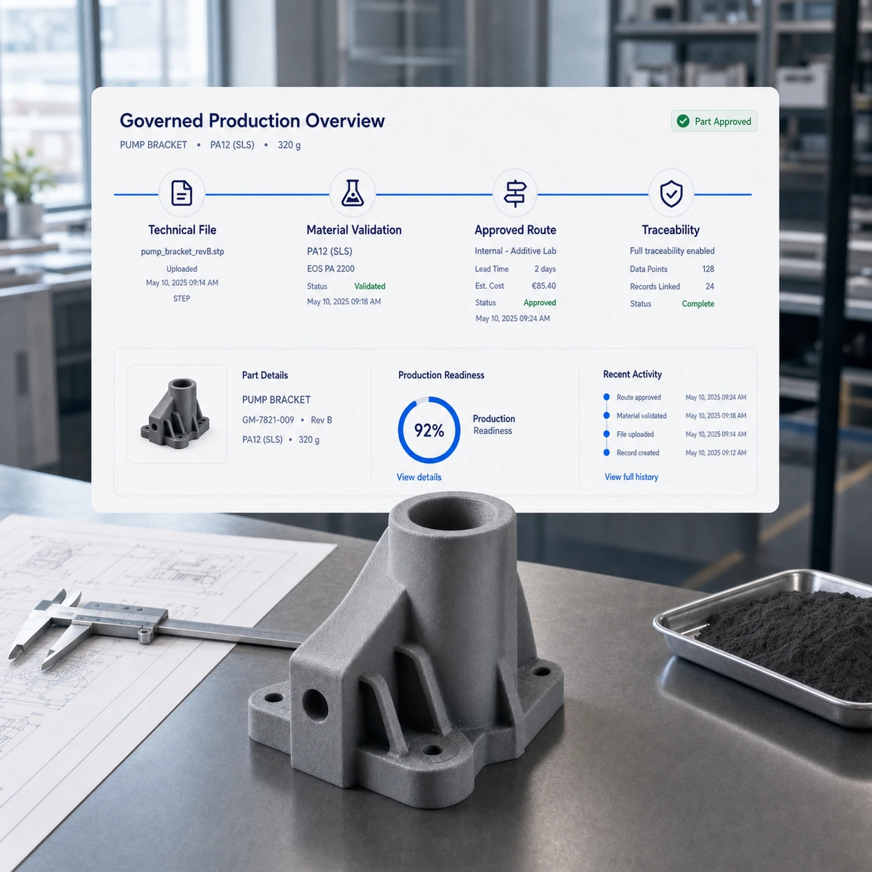 Workflow impression 3D industrielle reliant dossiers pièces gouvernés, readiness additive et traçabilité.