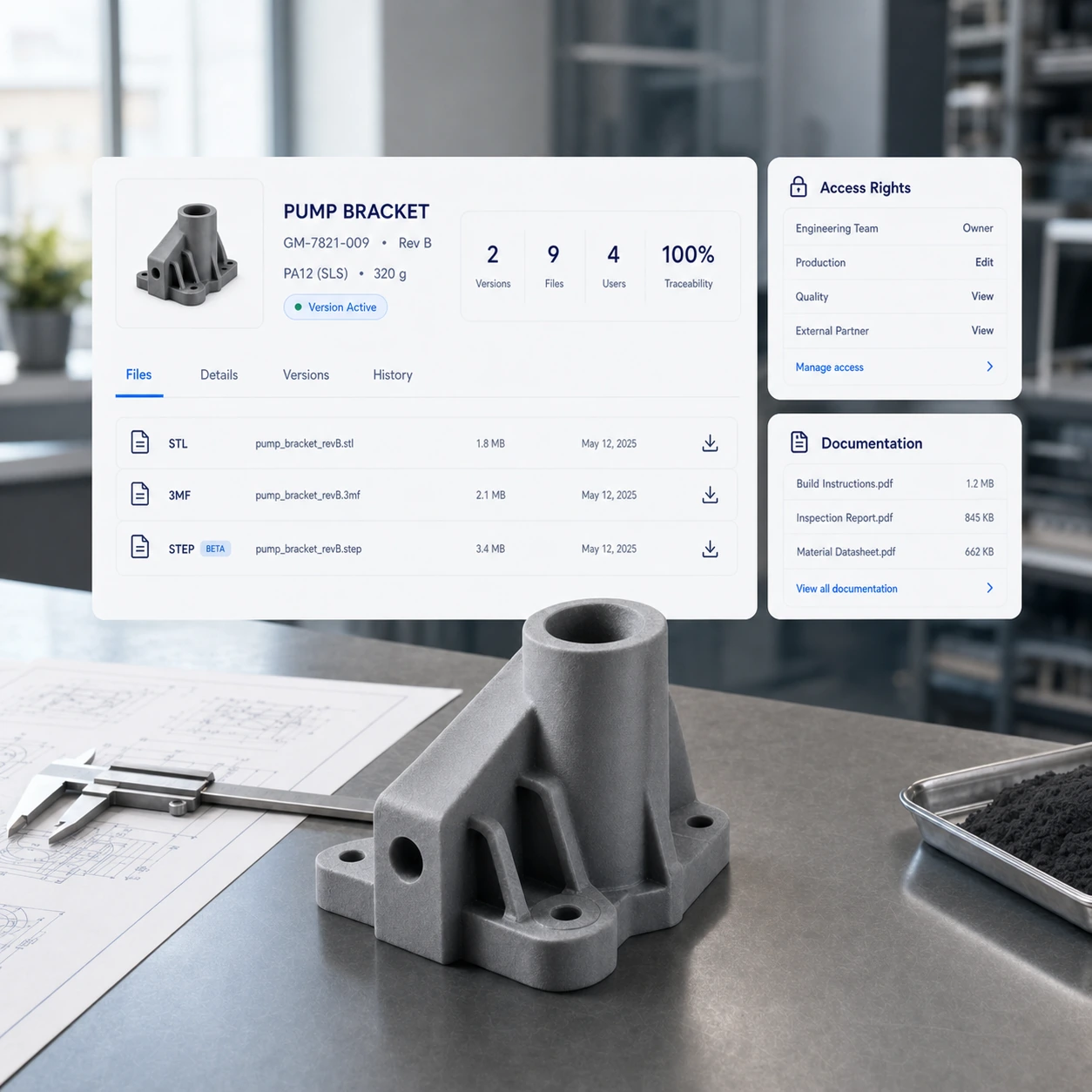 Workflow de gestion sécurisée fichiers 3D montrant CAO, révisions, droits d’accès, readiness production et traçabilité.