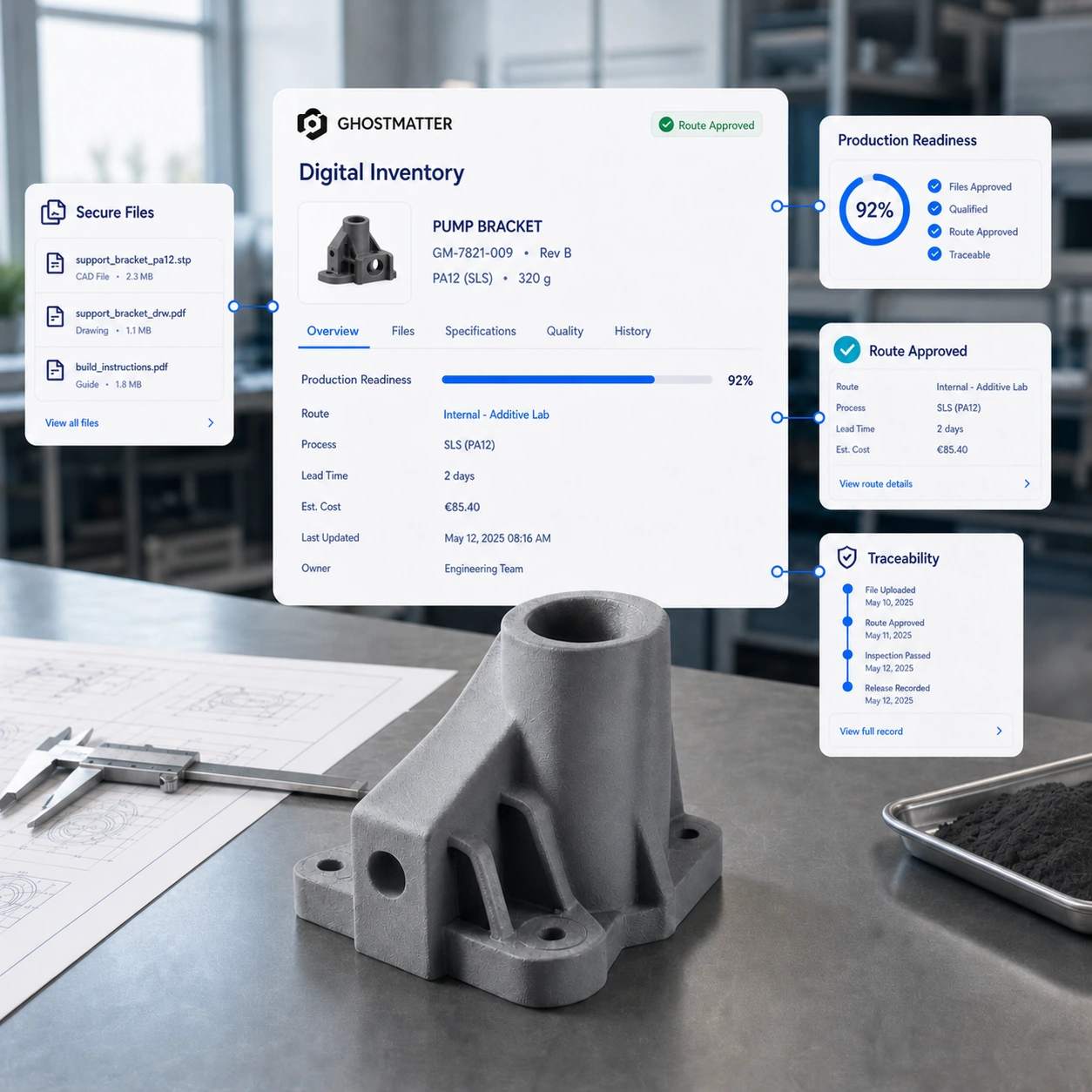 GhostMatter technology layer linking secure files, digital thread, cloud manufacturing, distributed production, additive manufacturing, and traceability.