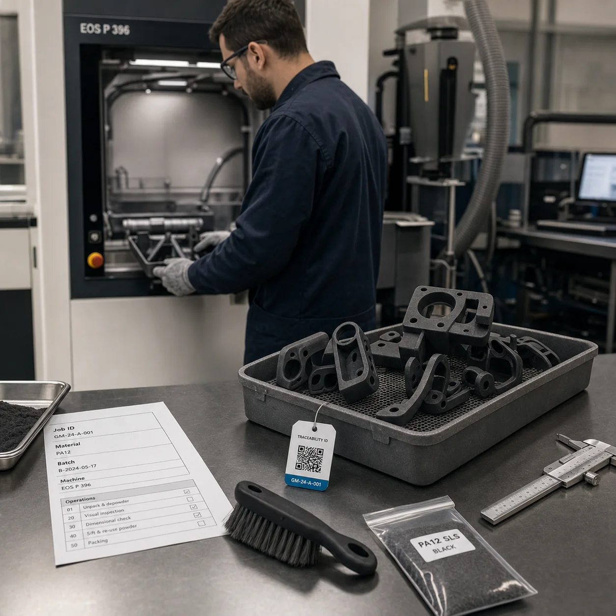 Cellule de fabrication additive industrielle avec dossier pièce gouverné, route de production, preuves matière, contrôles qualité et traçabilité.