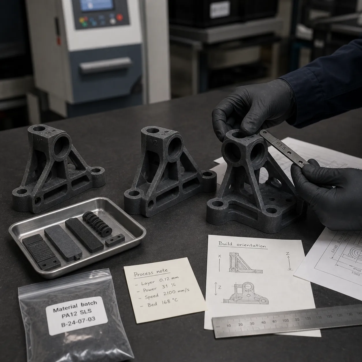 Revue de pilote fabrication additive avec fichiers pièce, preuves matière, notes d’approbation, paramètres de production et documentation qualité.