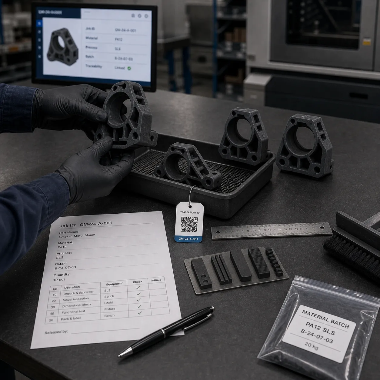 Workflow de fabrication additive gouverné montrant revue candidat, dossier pièce numérique, route approuvée, lancement production et traçabilité.
