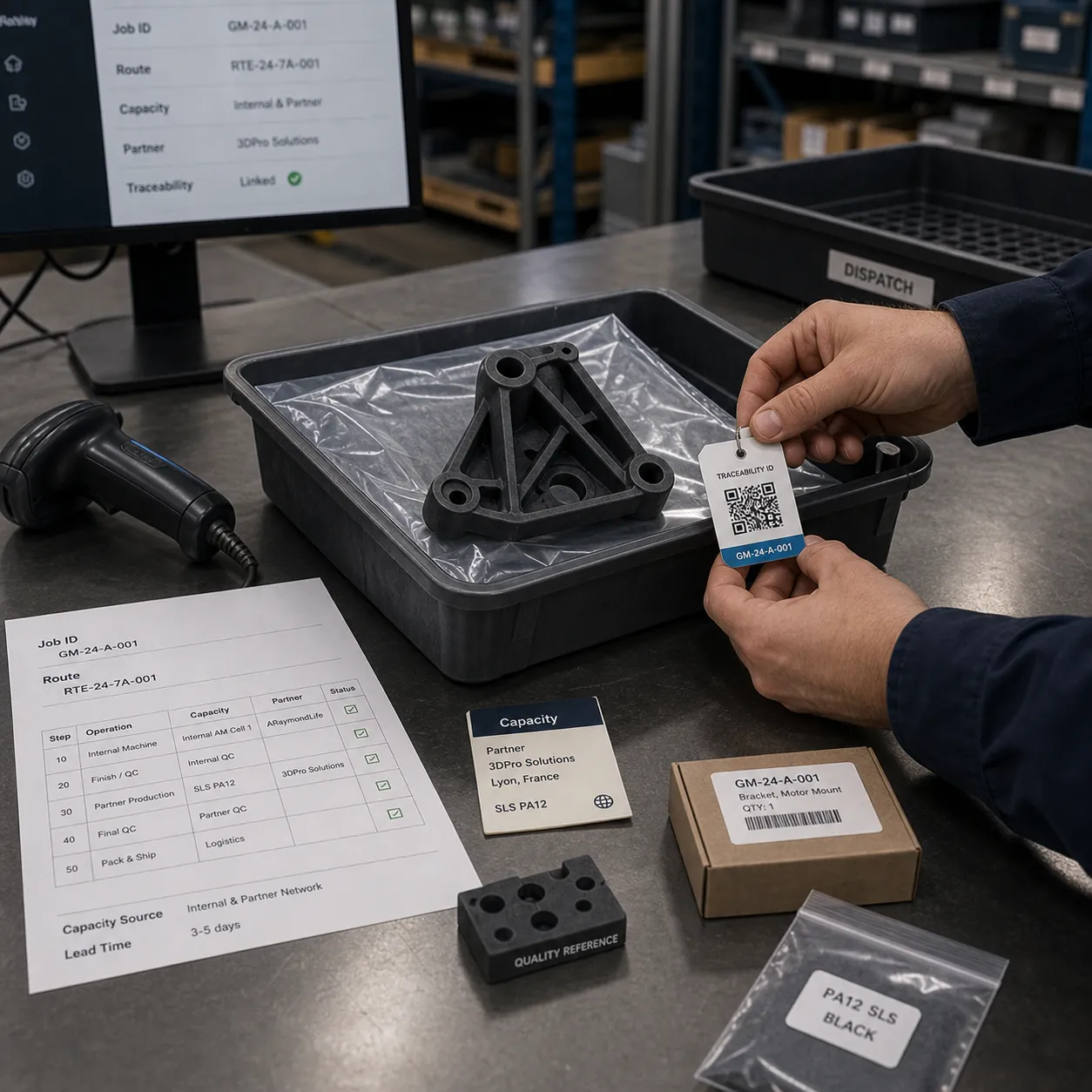 Workflow de fabrication distribuée gouverné avec pièce candidate, contrôles readiness, capacité approuvée, routage production et traçabilité.