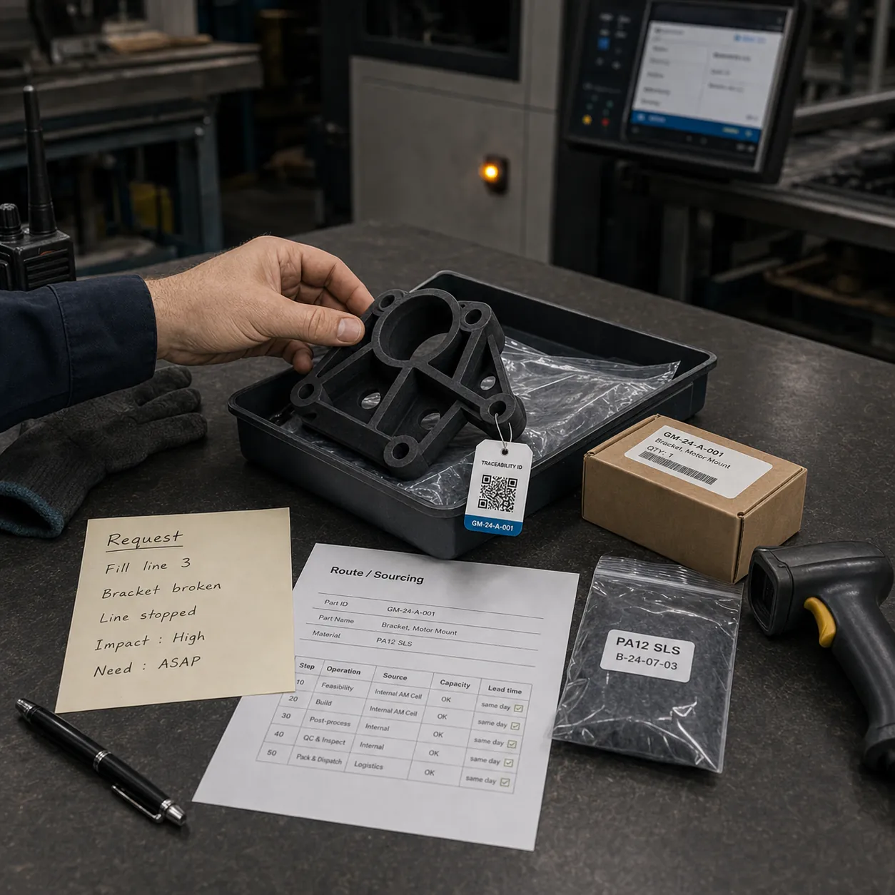 Emergency sourcing workflow showing critical reference review, digital inventory record, approved production route, release decision, and traceability.
