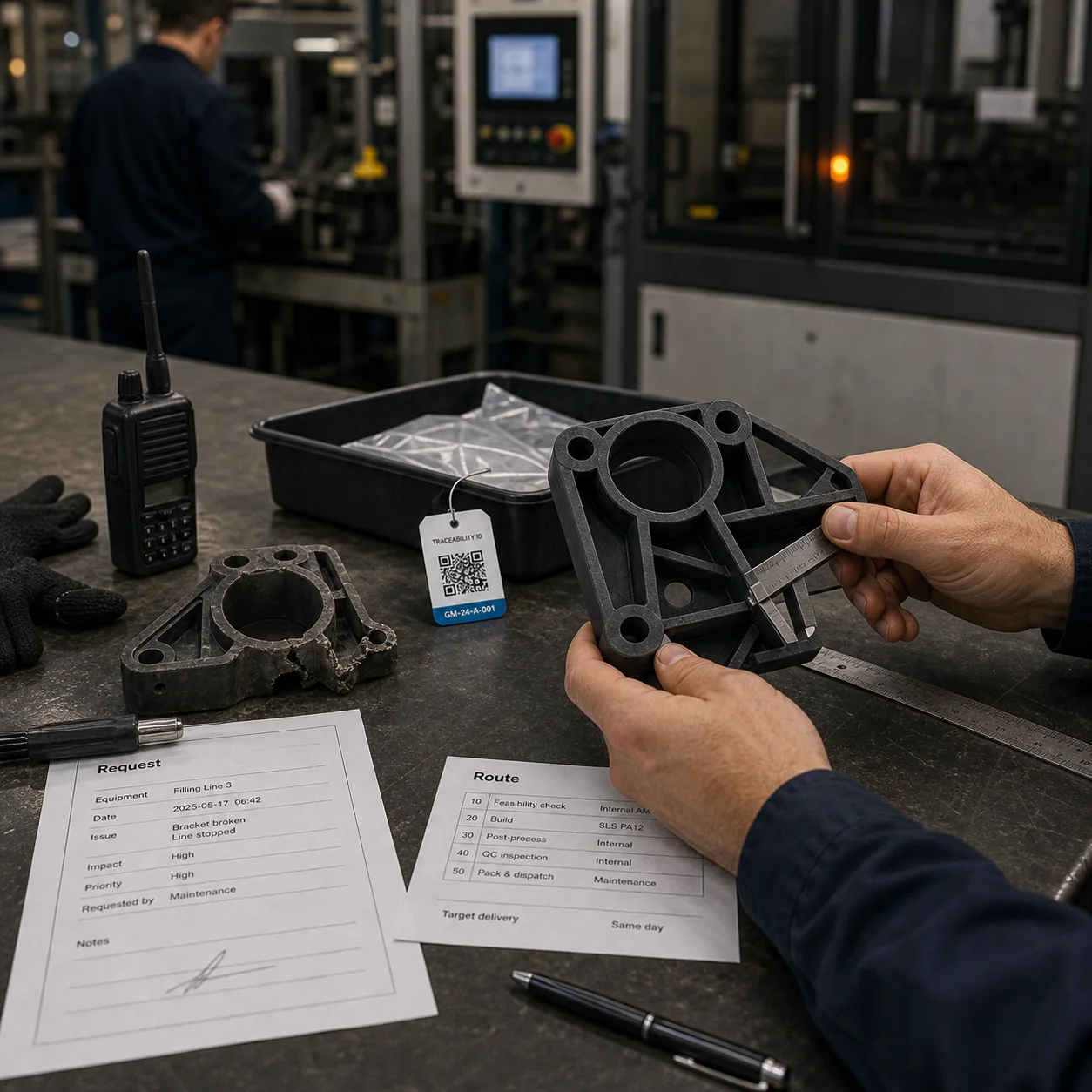 Emergency parts sourcing workflow showing critical part record, approved supplier route, release control, and production traceability.