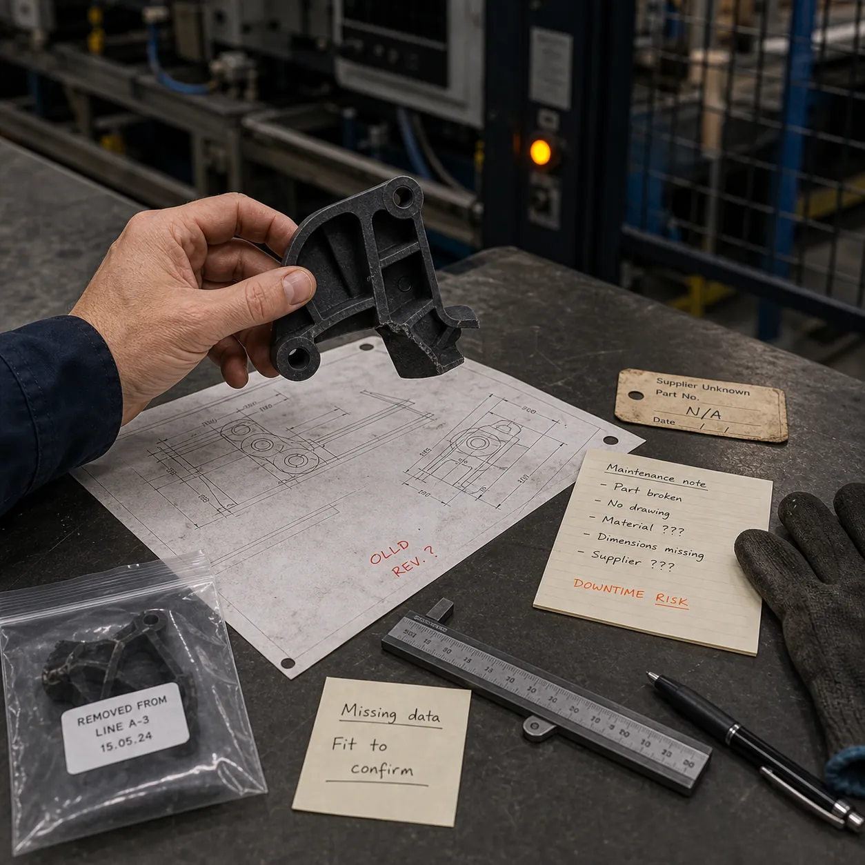 Industrial emergency sourcing situation with missing documentation, urgent maintenance request, supplier escalation, and production approval checklist.