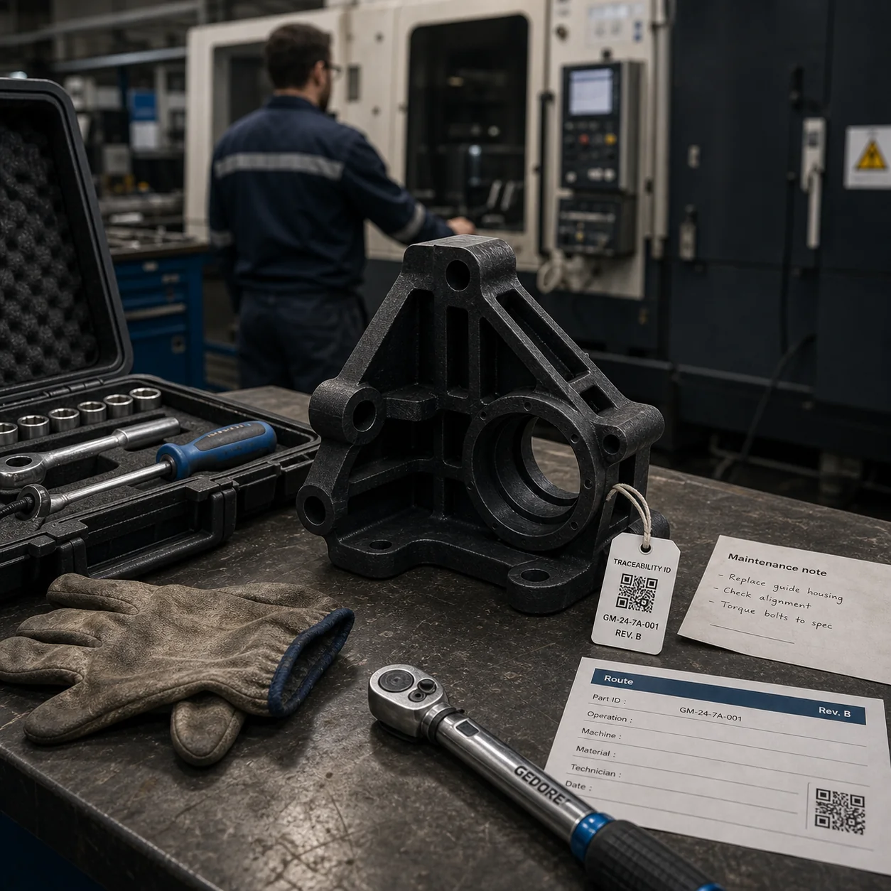 Équipe de maintenance industrielle consultant des dossiers pièces critiques, statuts readiness, routes approuvées et traçabilité.