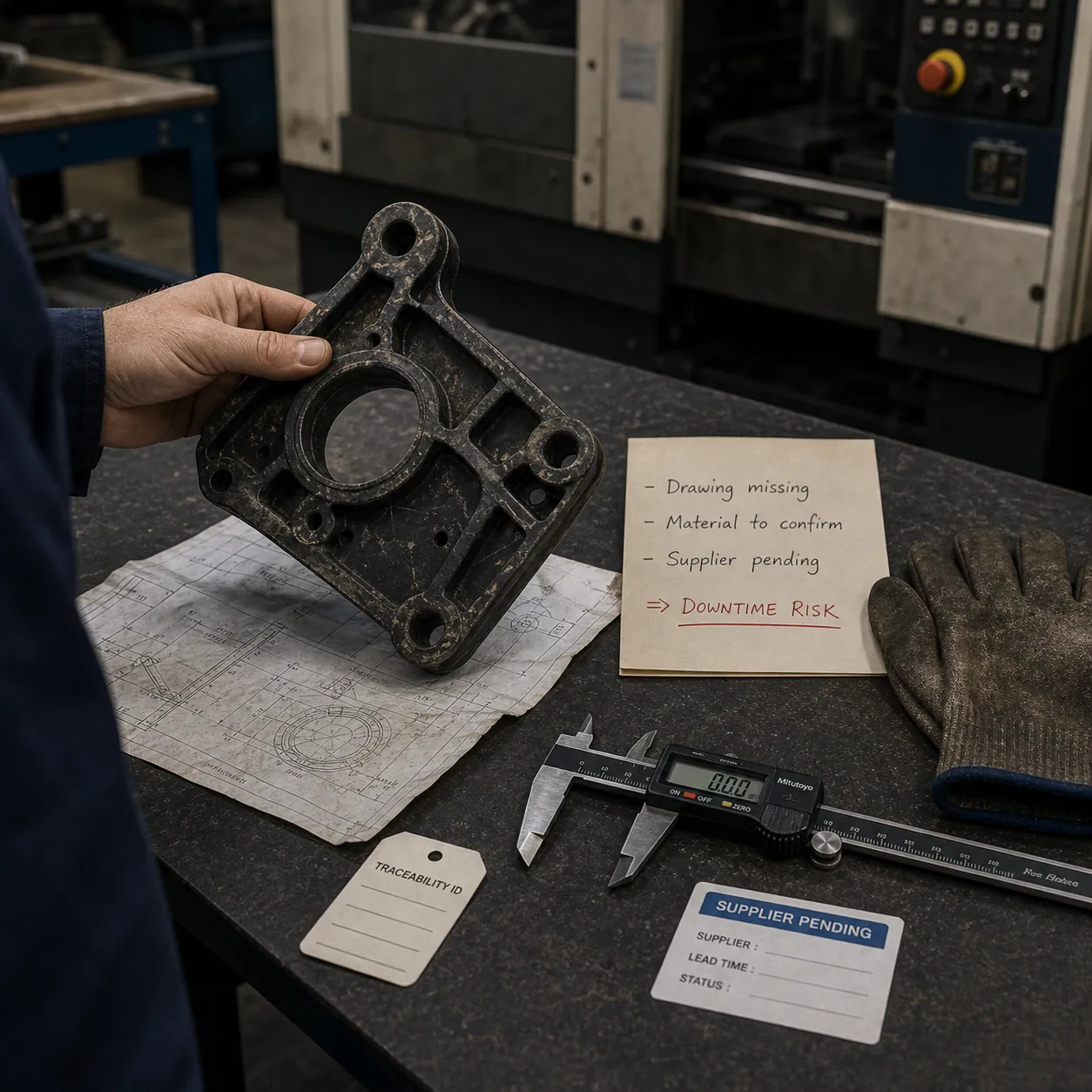 Atelier maintenance avec composants critiques, plans pièce, notes d’intervention, fichiers fournisseur et checklist readiness production.