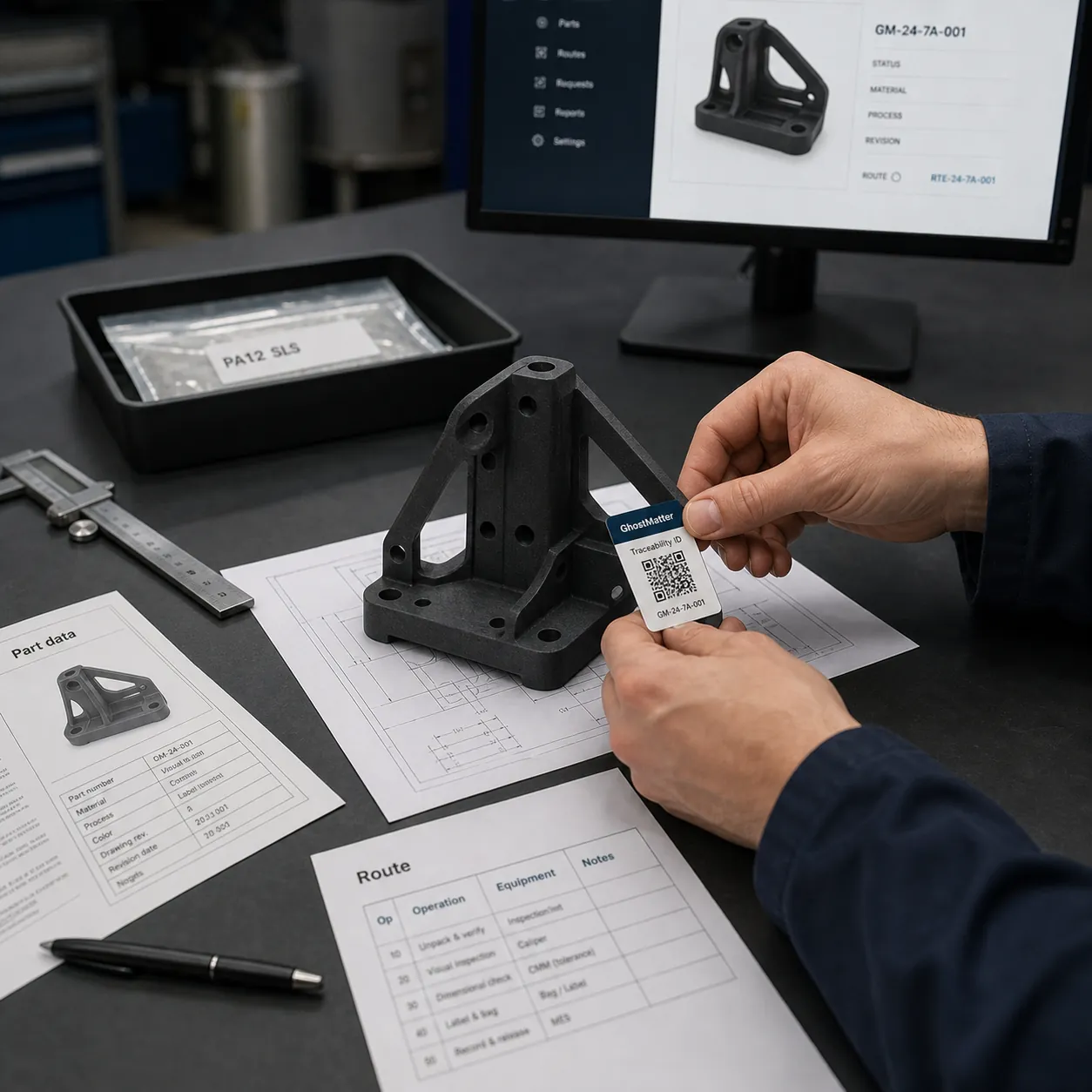 Low-volume production workflow showing candidate selection, digital record creation, readiness validation, routing, and traceability.
