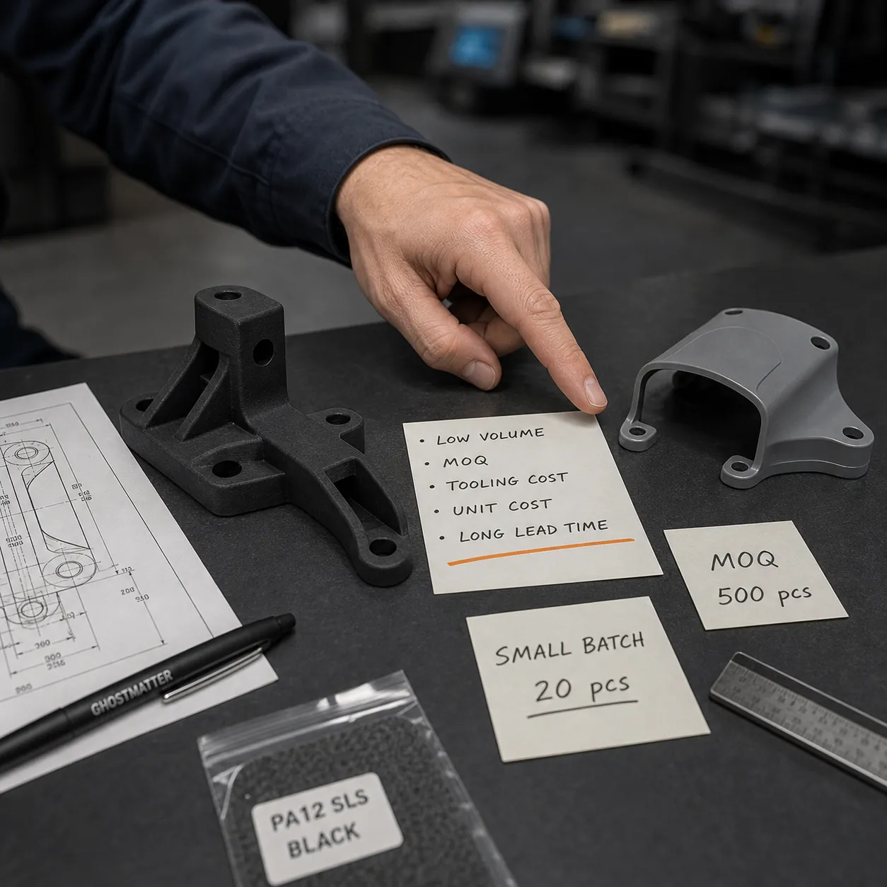 Low-volume industrial parts review with drawings, 3D files, supplier quotes, batch notes, and production readiness status.