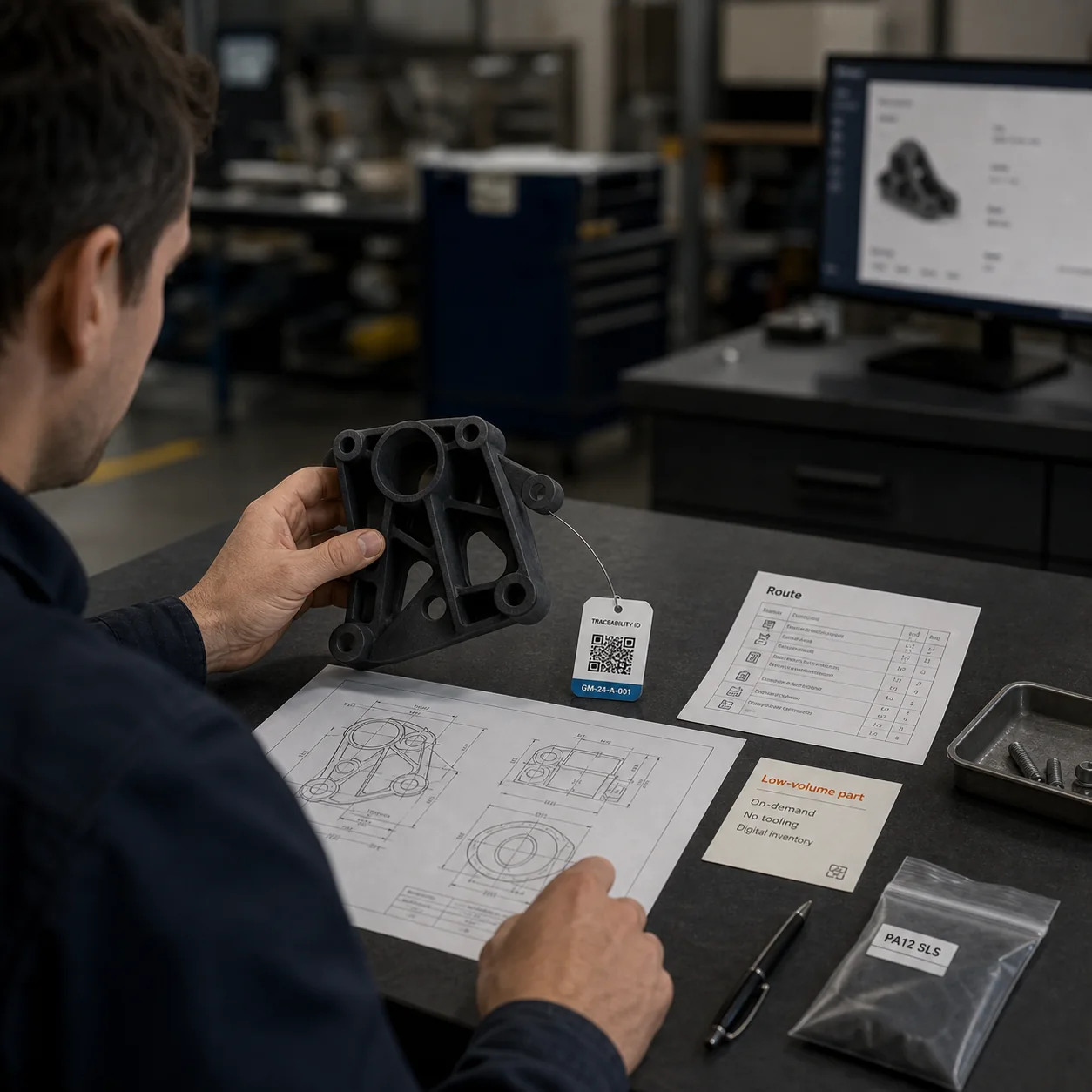 Low-volume industrial parts dashboard showing digital inventory records, production readiness, approved routes, and traceability.