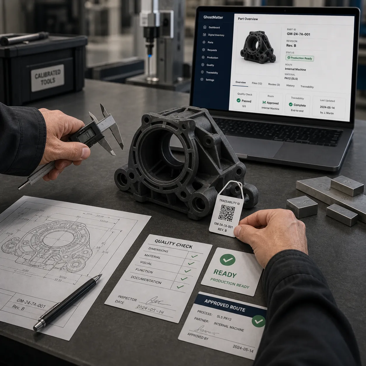 GhostMatter spare parts activation workflow showing production readiness, approved routing, quality validation, and traceability in an additive manufacturing validation lab.