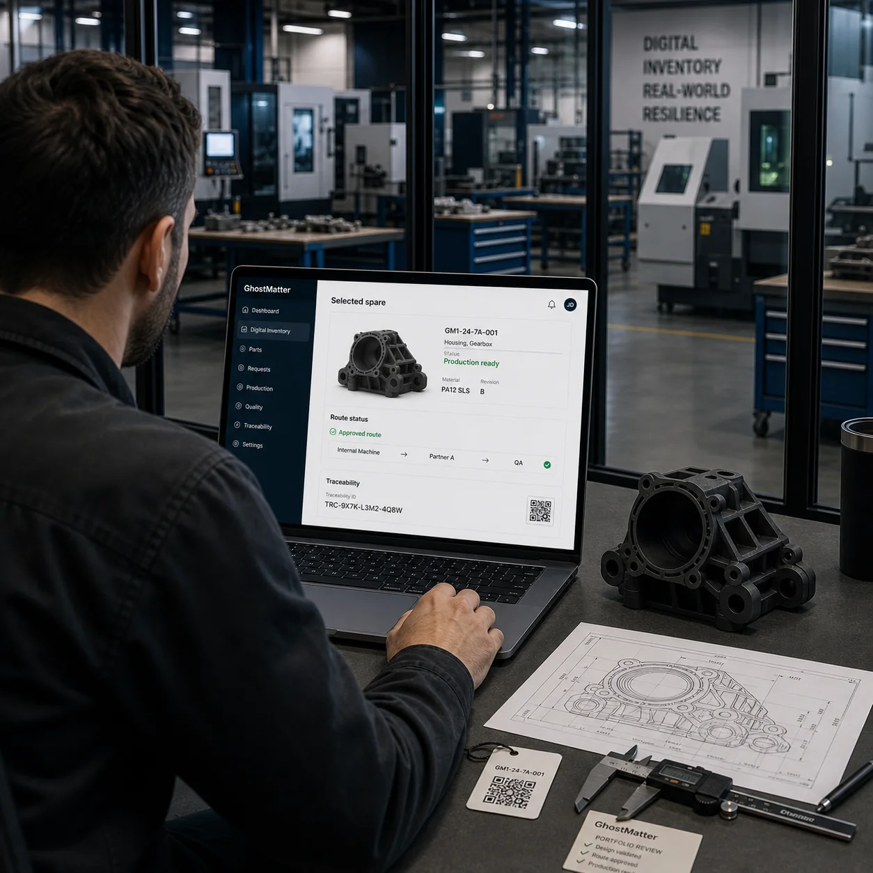 GhostMatter spare parts inventory software interface showing critical spares, approved routes, stock risk, production readiness, and traceability in a maintenance stock room.