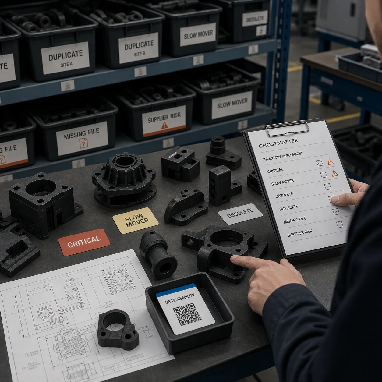 Industrial spare parts storage showing duplicated stock, slow-moving references, obsolete supplier risk, and fragmented technical documentation.