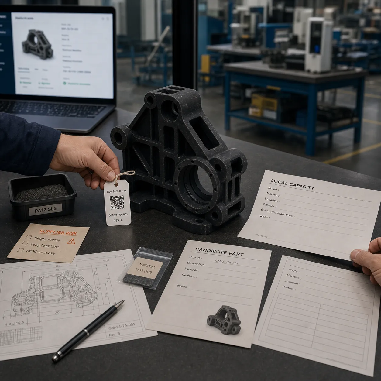 Supply chain resilience workflow with risk screening, digital part record, readiness validation, approved production route, and traceability.