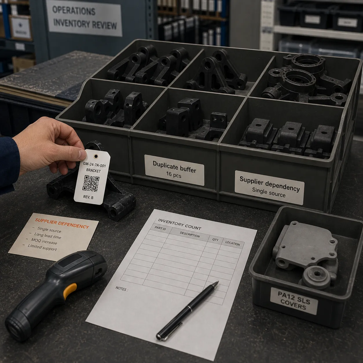 Critical supply chain risk review with part list, supplier dependency, stock exposure, digital inventory readiness, and production route options.