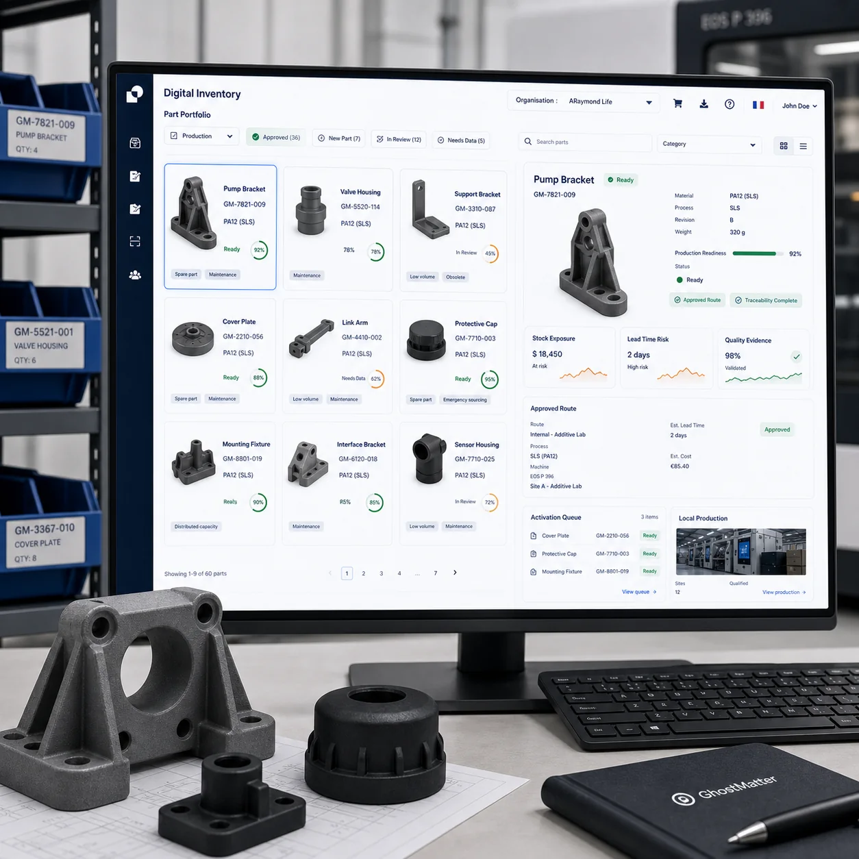 GhostMatter digital inventory interface showing approved industrial parts, readiness, routing, traceability, and use-case workflows.