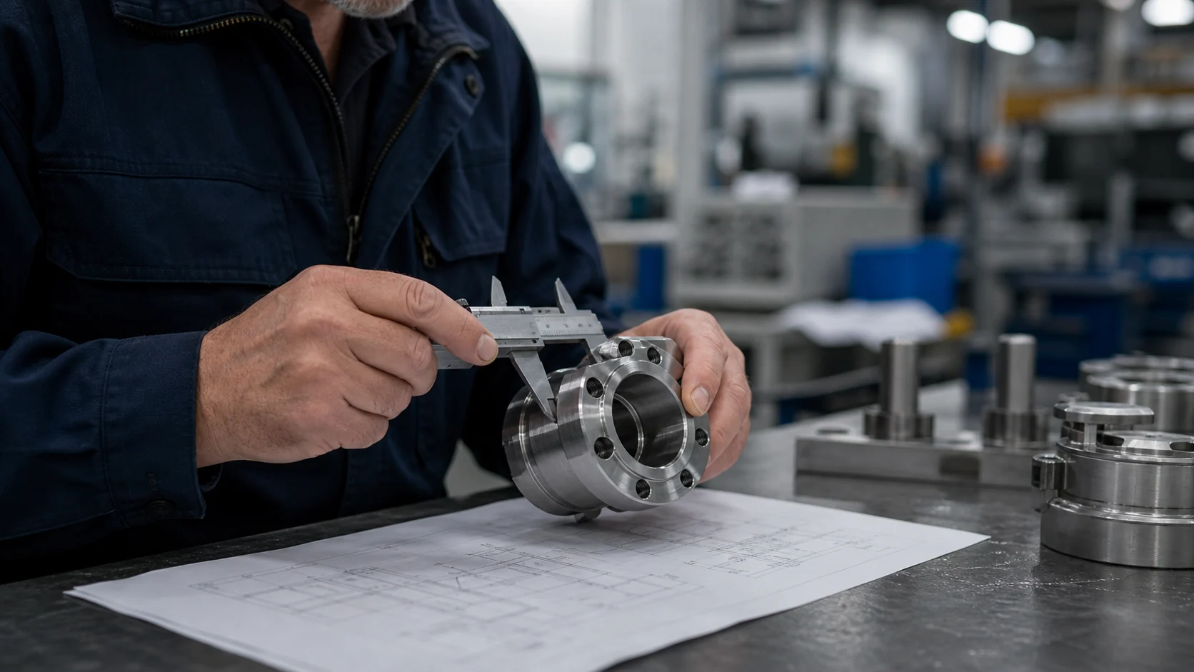 Technician measuring a machined metal part with calipers in an industrial production readiness area.